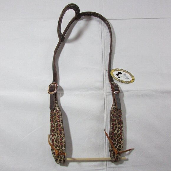 San Saba Equine Single One Ear Headstall Chocolate Cheetah w/ Red Buckstich SLE1 - Picture 1 of 3
